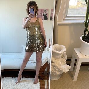 SLEEVELESS SEQUIN TANK SLUP DRESS BRONZE GOLD COPPER OMBRE STRETCH DRESS